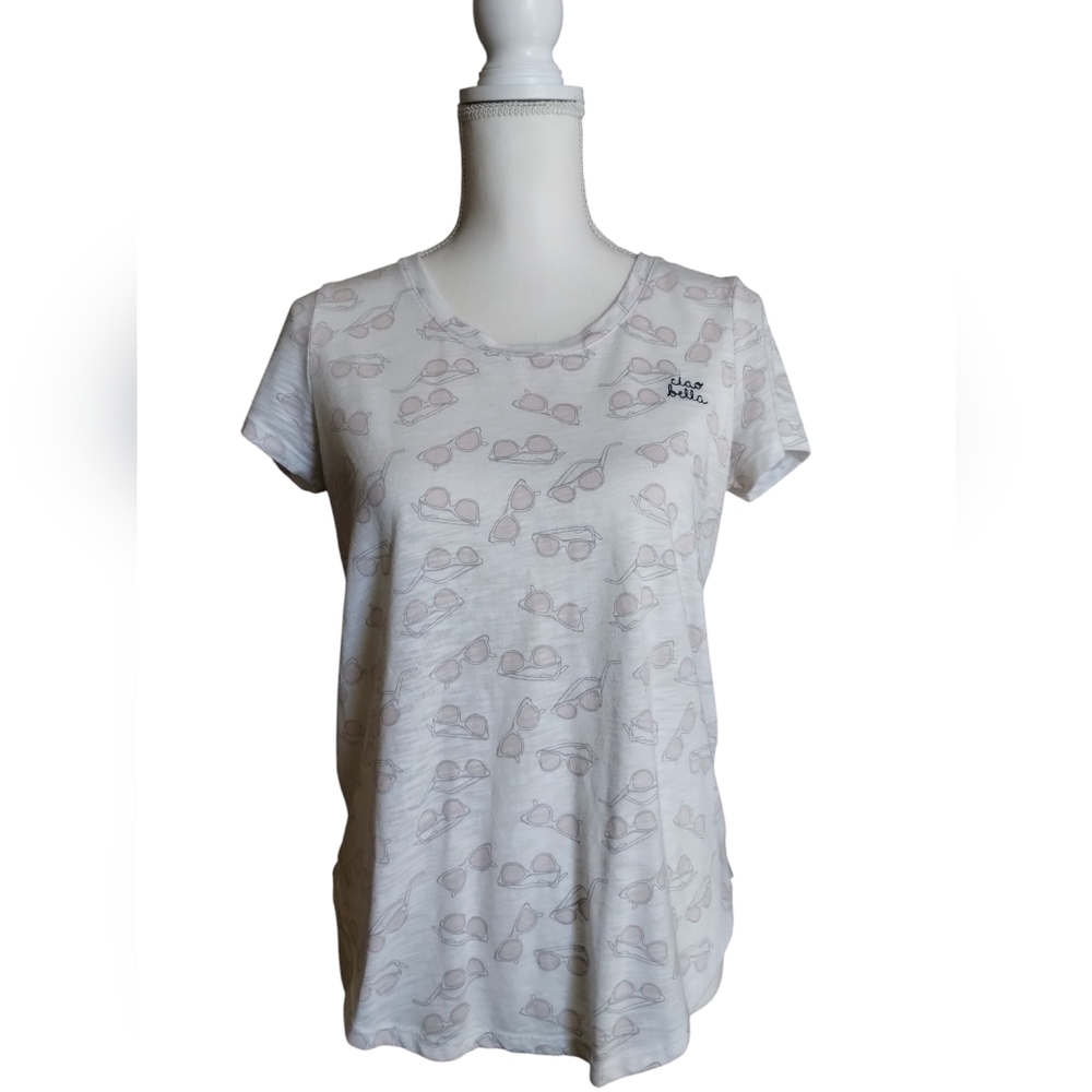 Lauren Conrad-short sleeve thin blouse (S) white/pink w/mini-sunglasses print